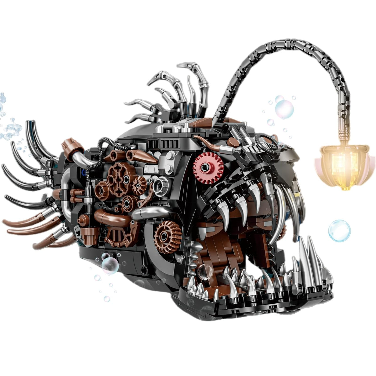 PIVONAX mechanical Angler Fish front view with gears, ideal for STEM display.