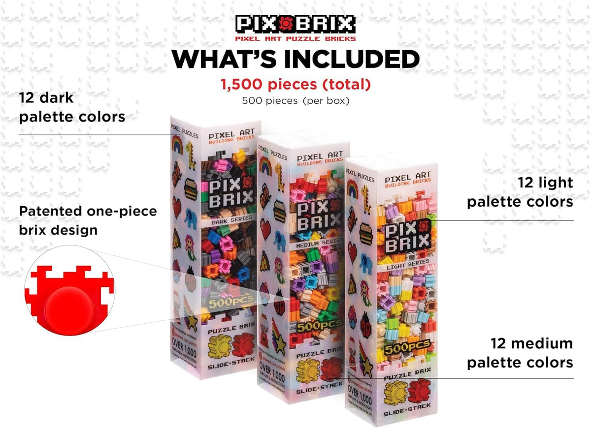 Pix Brix 1500-piece brick set in vibrant colors for 2D and 3D builds