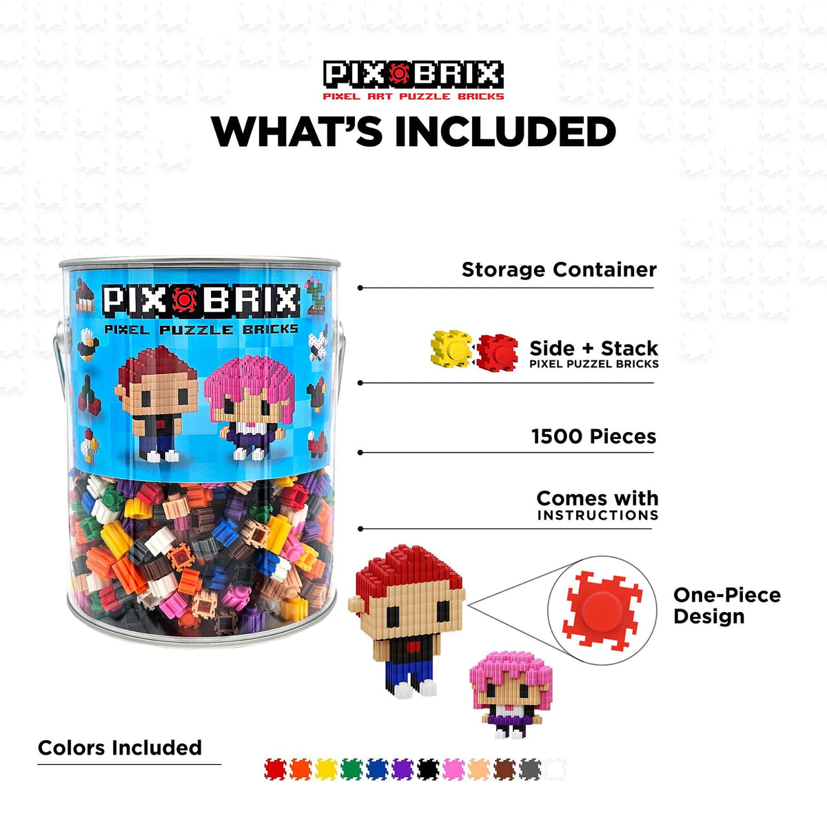 Pix Brix bricks close-up colors showing interlocking system for creative builds.
