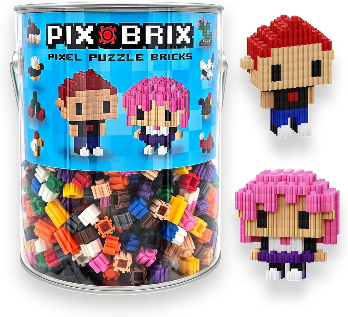 Pix Brix Pixel Art Puzzle Bricks bucket with 1,500 pieces and dark palette for versatile 2D/3D builds.