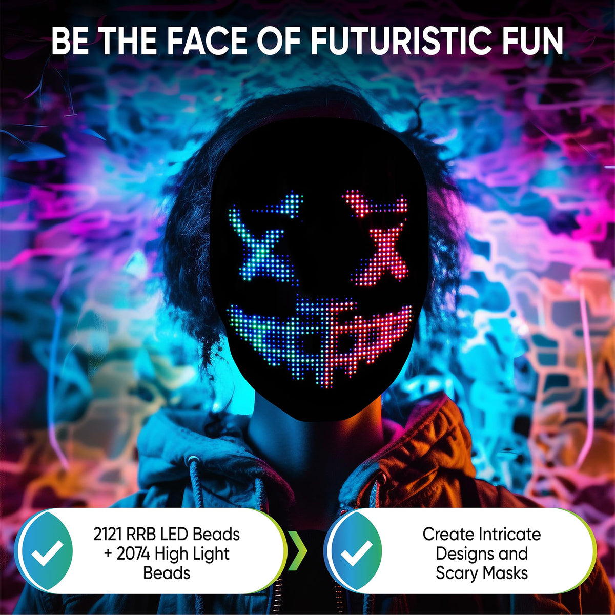 Pixel Stackers Glow Gear mask with soft latex and adjustable strap for comfort