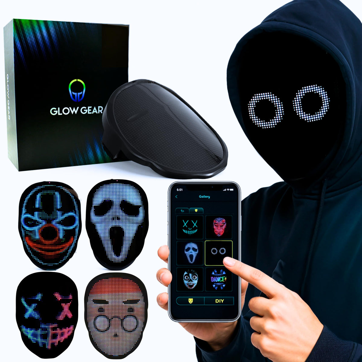 Pixel Stackers Glow Gear mask showing multiple faces for customizable cosplay expressions