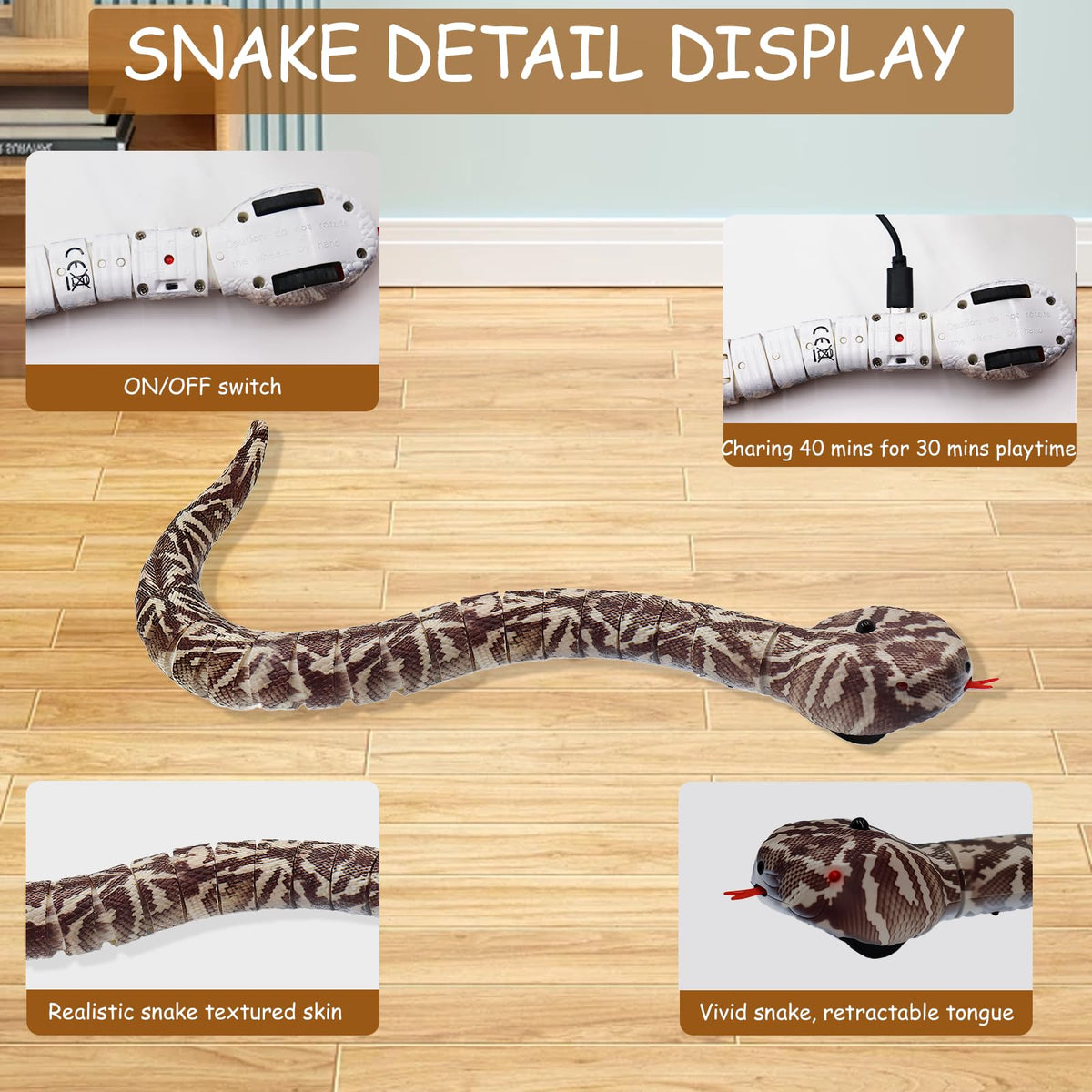 Pixibond snake toy retractable tongue and swinging tail enhance realistic motion during play.
