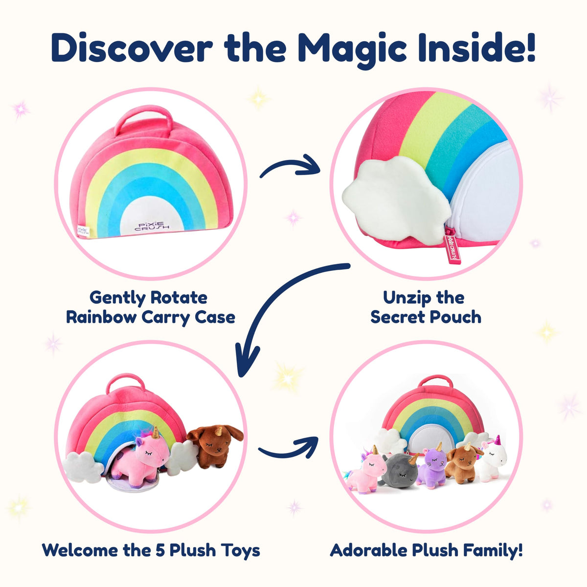 PixieCrush rainbow unicorn plush close-up featuring sparkly mane.