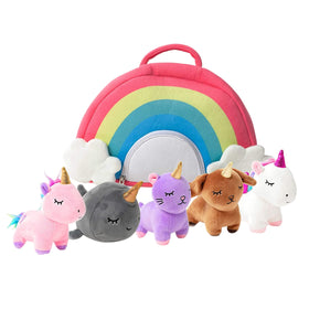 PixieCrush unicorn plush set group shot showing all five cuddly toys and carry case.