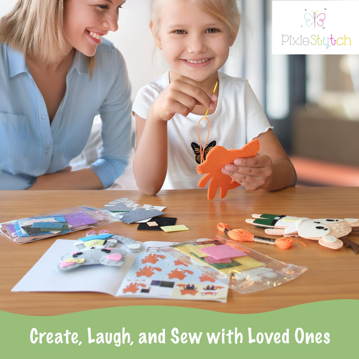 Pixiestytch kids sewing kit with easy pre-punched holes for beginners