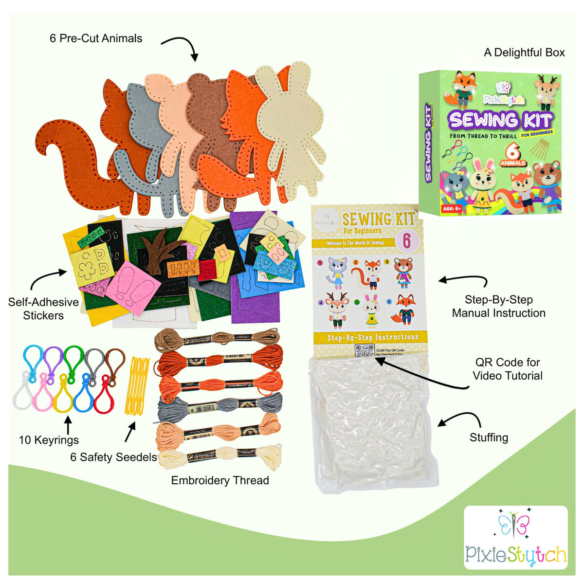 Pixiestytch six toy animals like rabbit and fox for creative projects