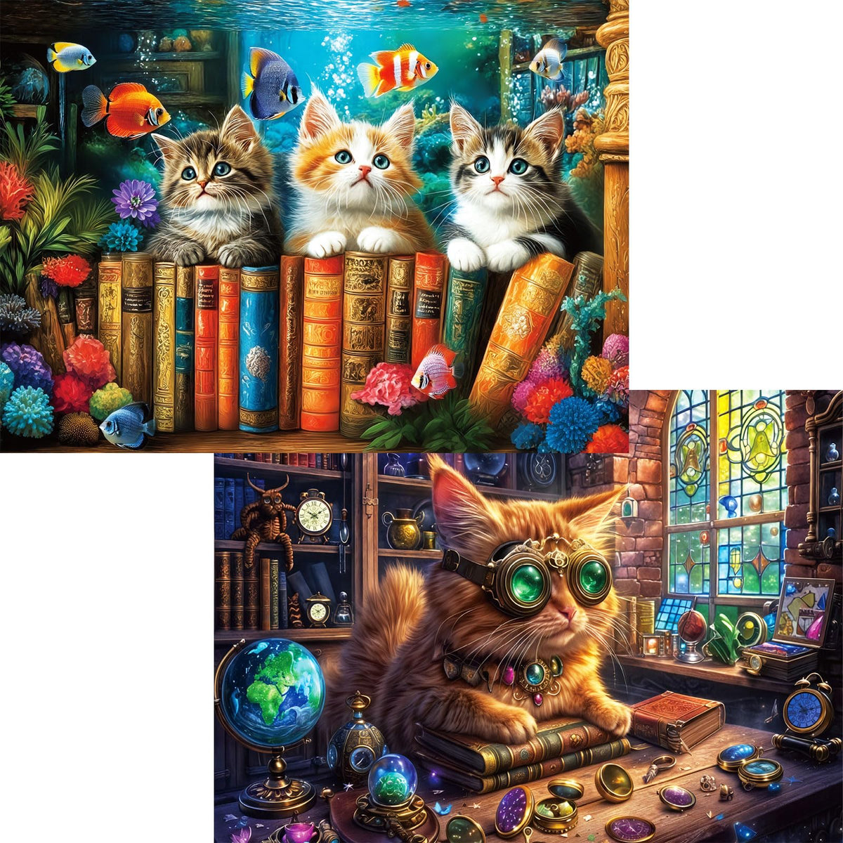 Pixlora Underwater Cat Sorcery 1000-piece puzzle with vibrant sea-life and curious kittens for immersive evenings