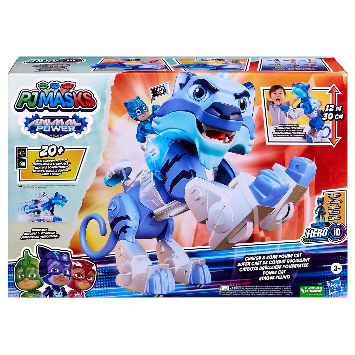 PJ Masks Cat Stripe King lights and sounds enhance pretend battle experiences.