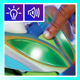 PJ Masks Explorider in air mode emits red lights for high-flying scenes.