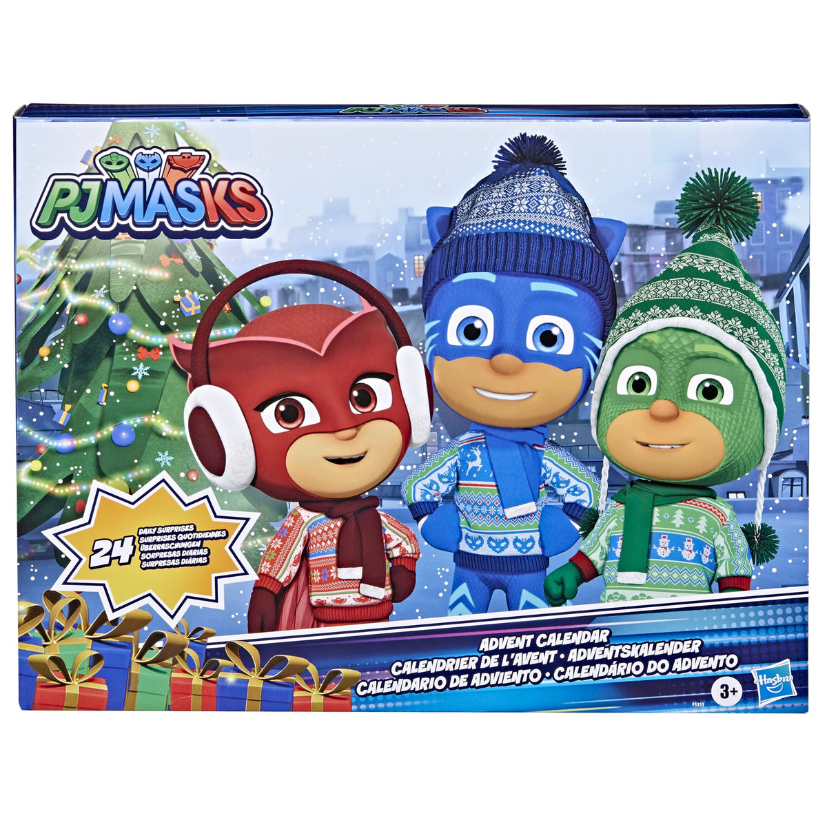 PJ Masks holiday gift pack highlights a complete toy set for kids 3 and up.