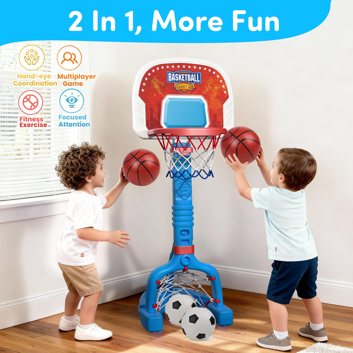 PJG toddler hoop pole adjustment shows height options for growing kids.