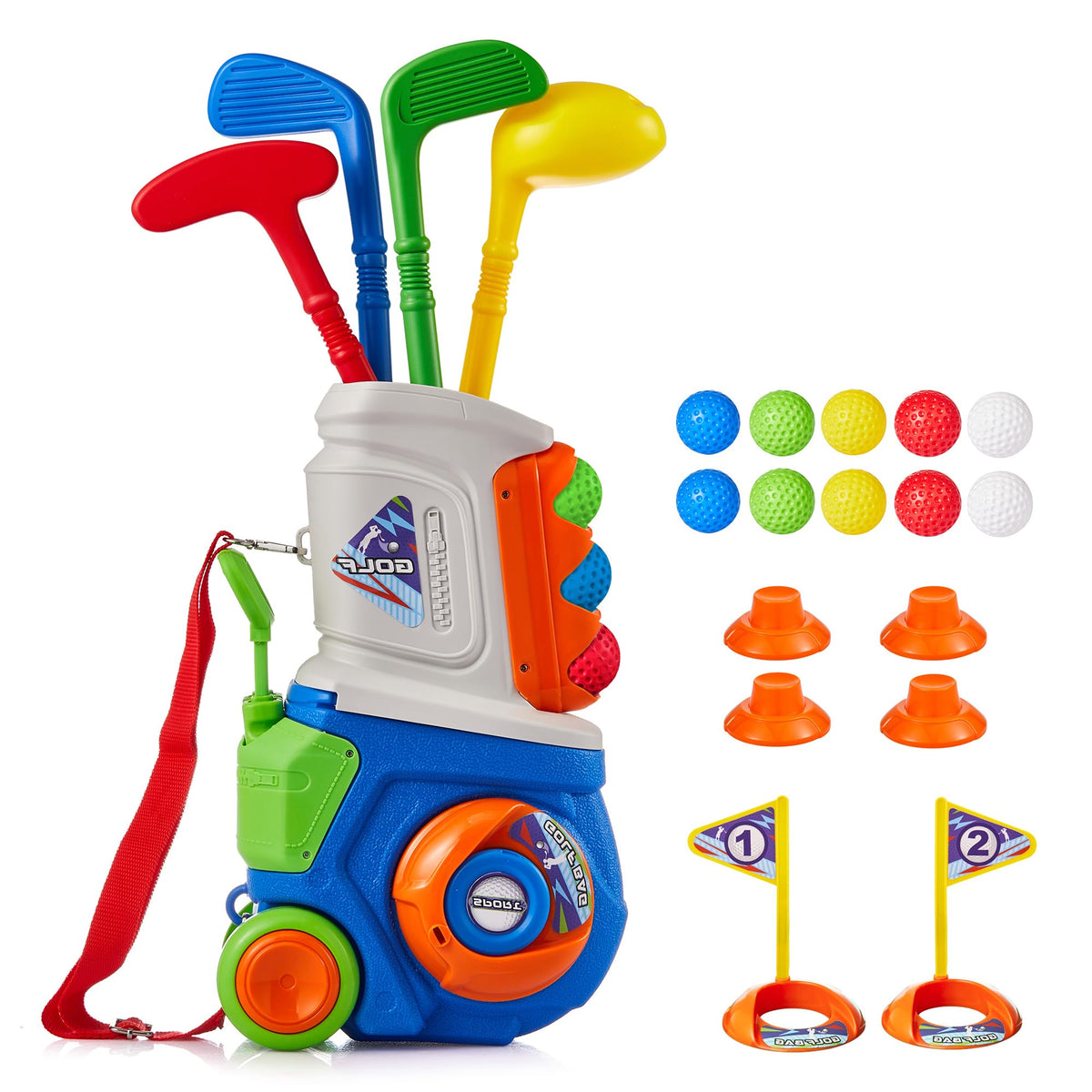 PJG toddler golf cart with retractable handle for easy outdoor play.