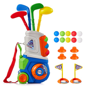 PJG toddler golf cart with retractable handle for easy outdoor play.
