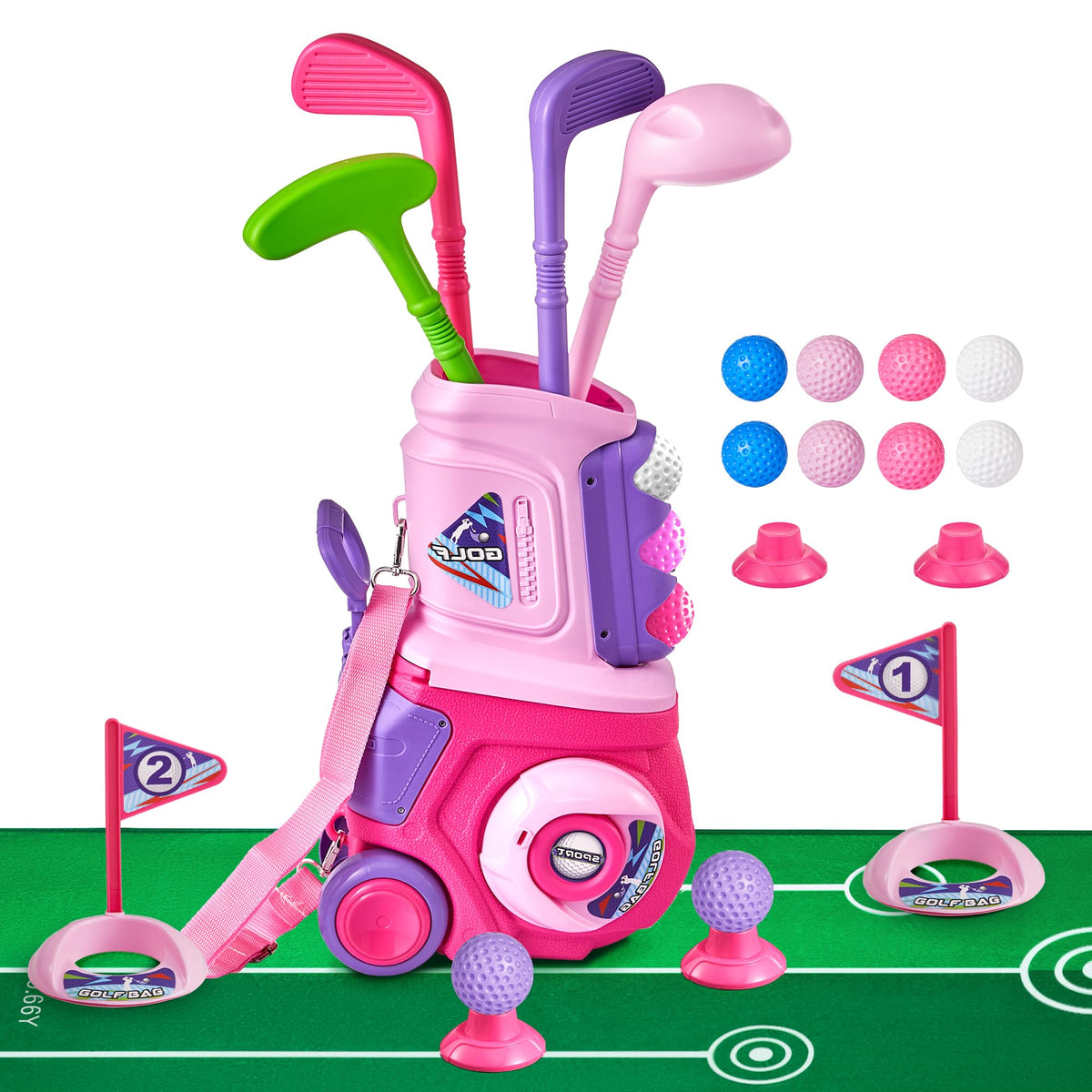 PJG toddler golf cart and mat ready for outdoor play and easy storage.