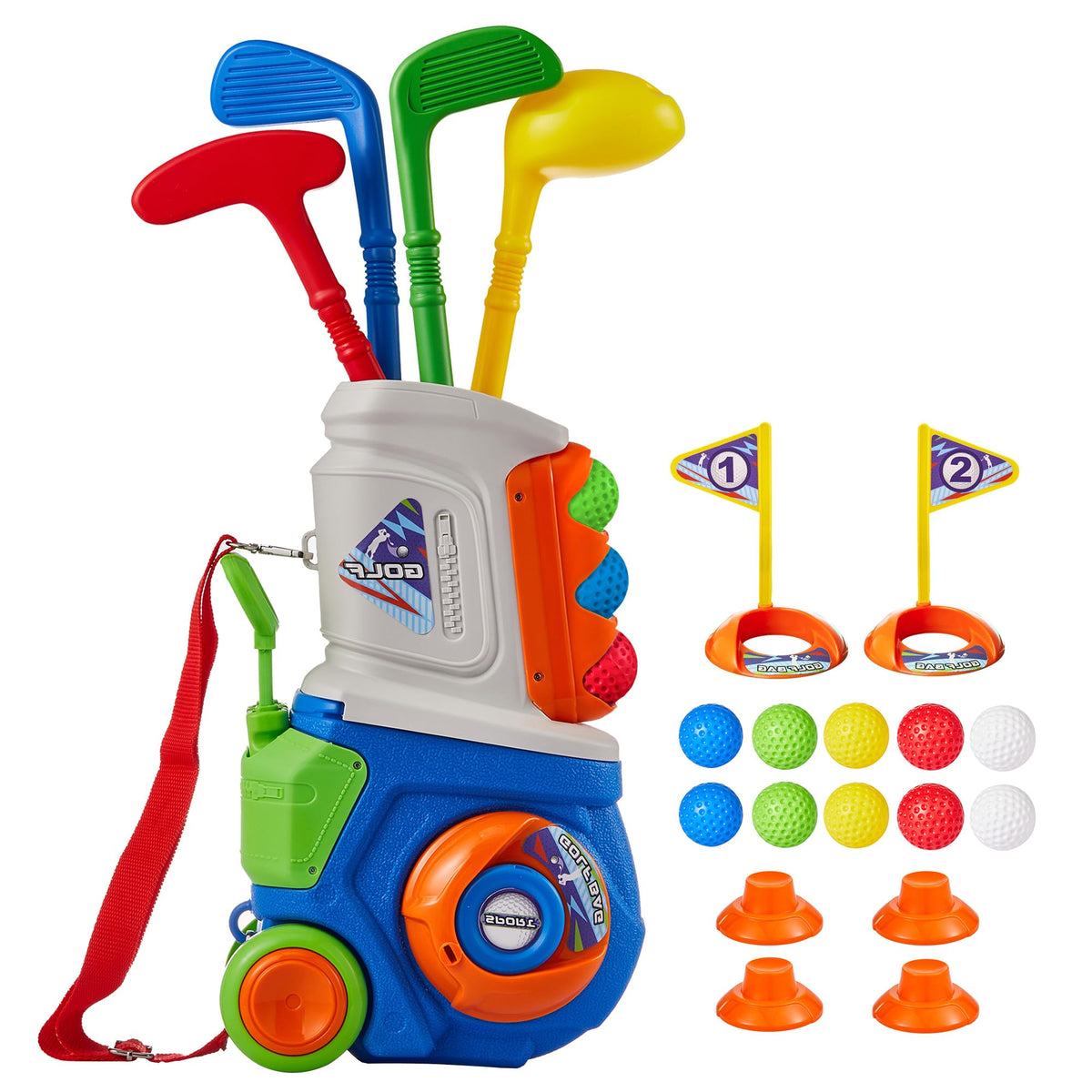 PJG Toddler Golf Set cart shows portable design for outdoor play and easy transport.