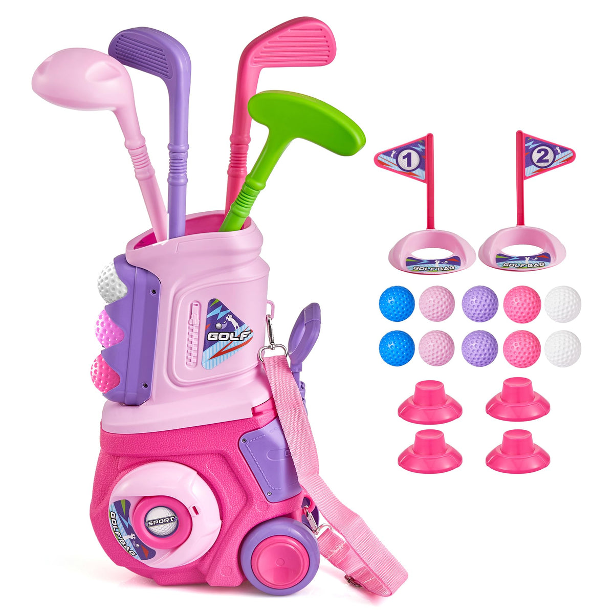 PJG toddler golf cart for easy outdoor transport and storage.