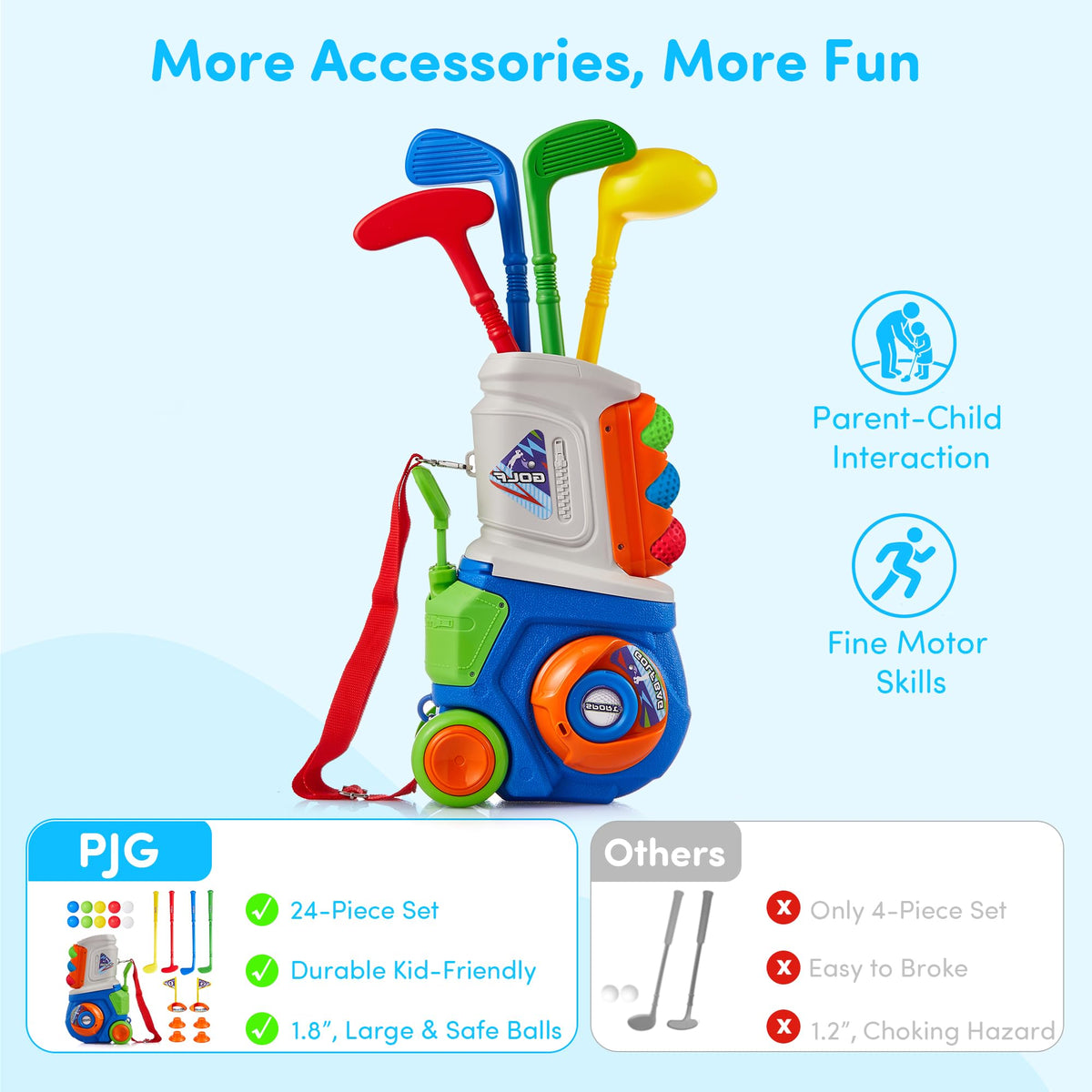 PJG Toddler Golf Set clubs emphasize safe lightweight construction for budding players at home.