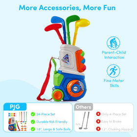 PJG Toddler Golf Set clubs emphasize safe lightweight construction for budding players at home.