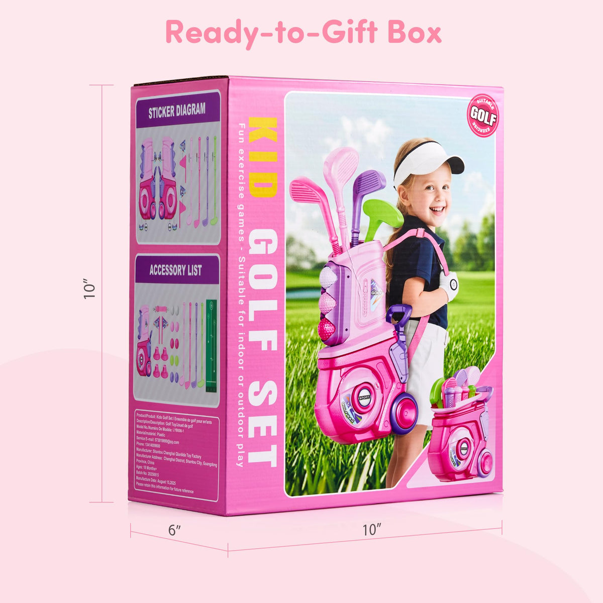 PJG pink-packaged toddler golf set framed as a colorful birthday gift.