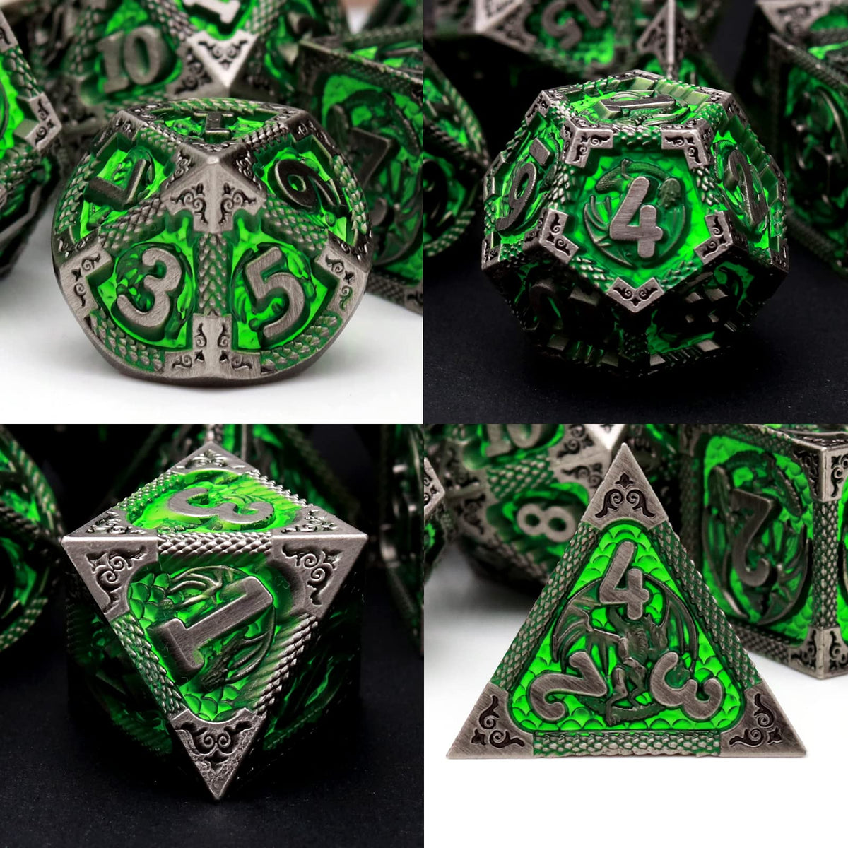 PJOY D20 metal green DND dice close-up with bold numerals for easy reading