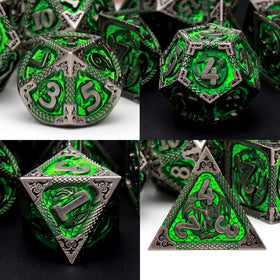 PJOY D20 metal green DND dice close-up with bold numerals for easy reading
