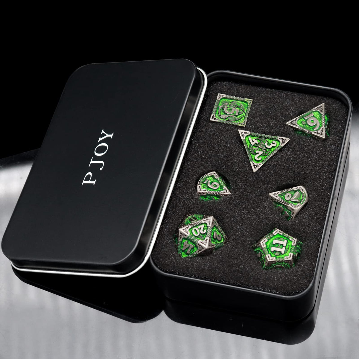 PJOY D% percentile die in green metal for versatile RPG use
