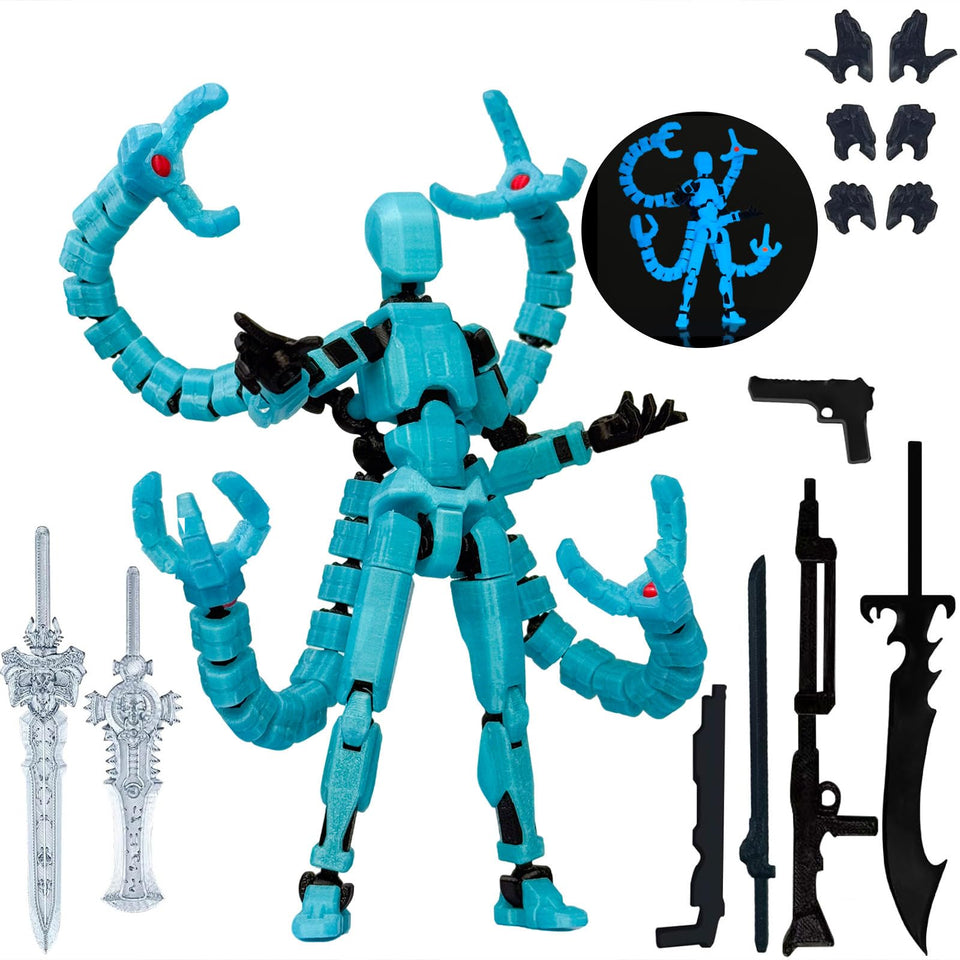 PkghoKids T13 fully articulated figure in blue noctilucent for dynamic posing.