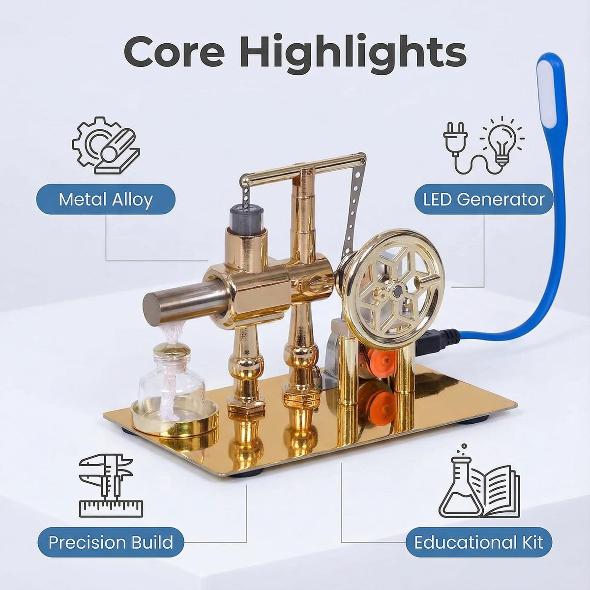 Pktiugf Stirling engine crank rocker mechanism close-up.