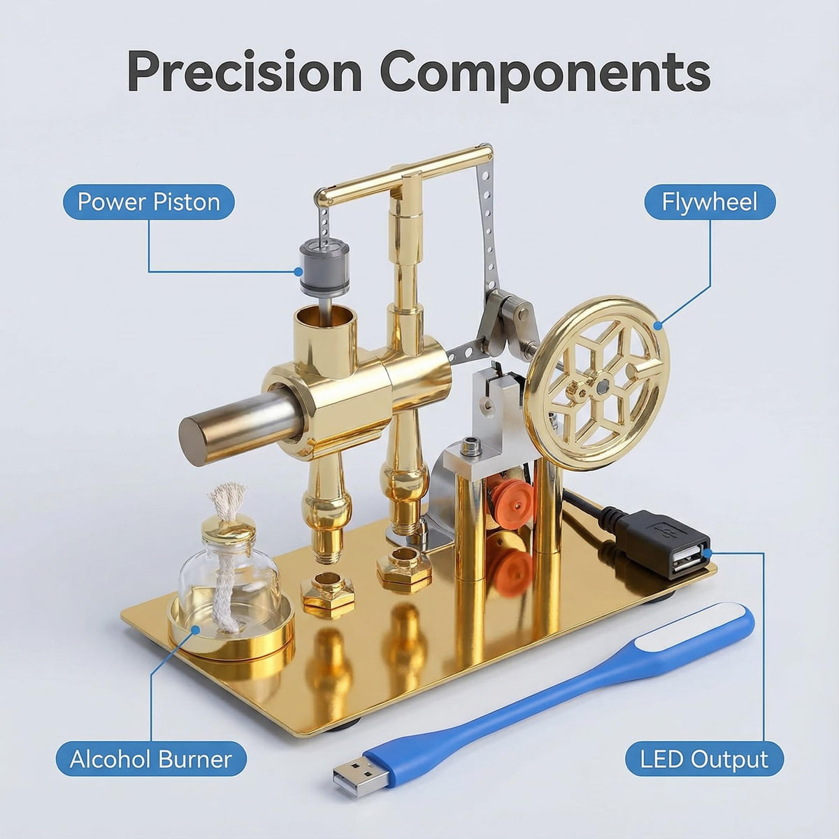 Pktiugf Stirling engine kit base and cylinder for engaging display.