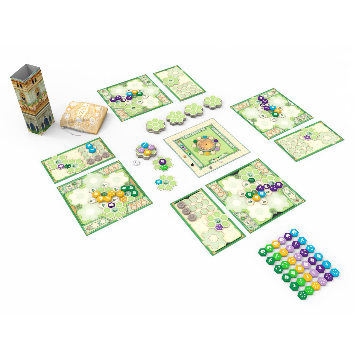 Plan B Games Queen's Garden board tiles arranged for immersive palace garden play.