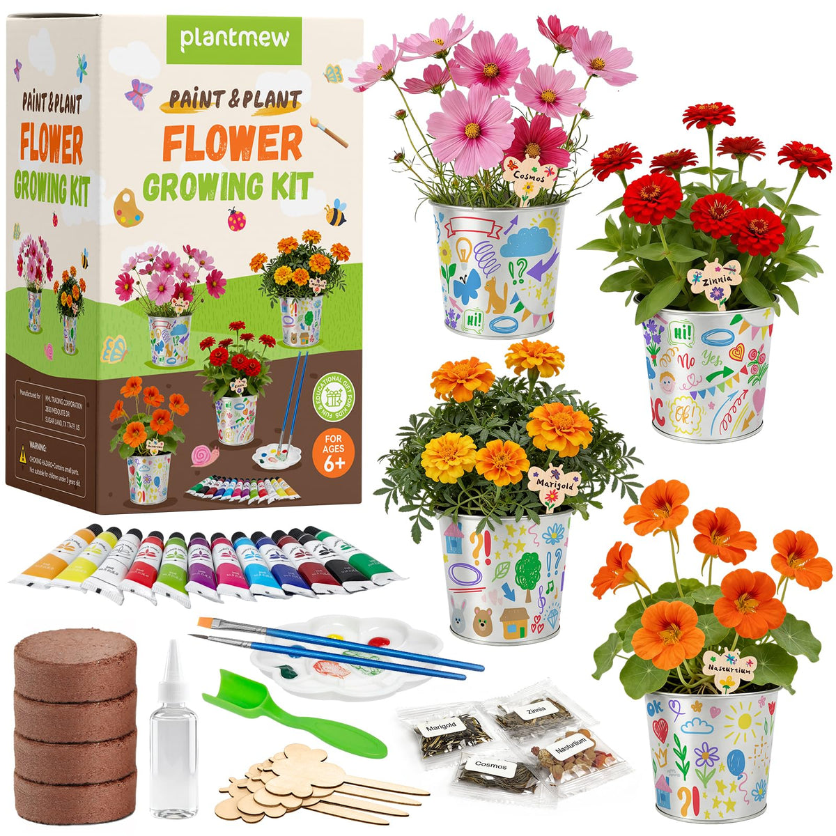 PLANTMEW Paint & Plant Kit: four pots for kid-friendly creative gardening.