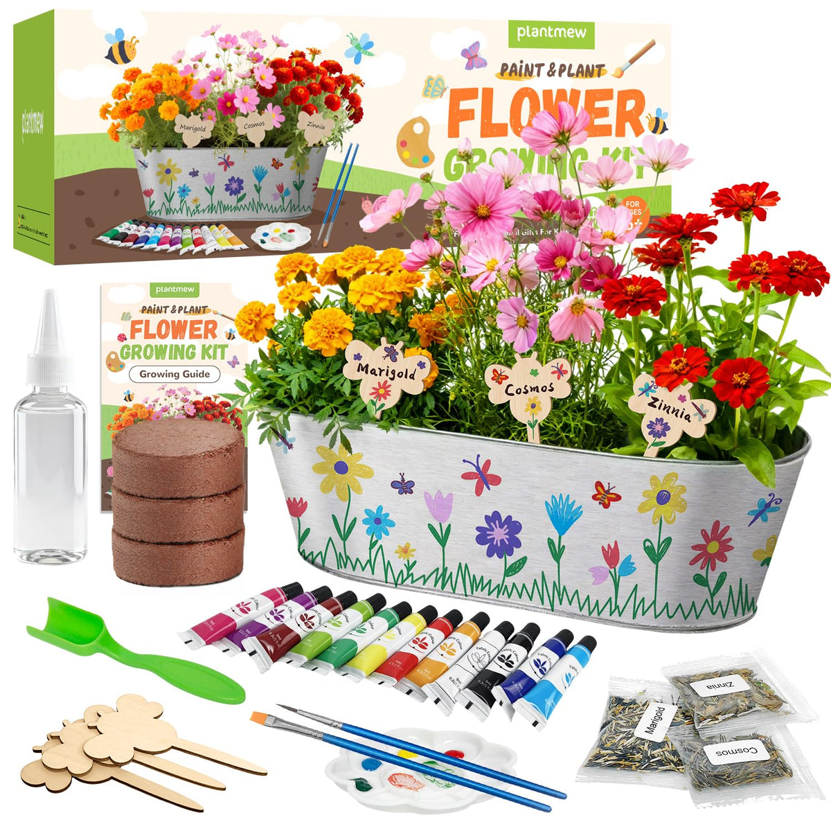 PlantMew Paint & Plant Kit: metal planter ready for kid-friendly gardening and painting fun.