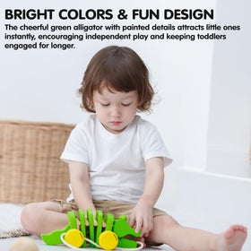 Non-toxic water-based paints used on PlanToys Dancing Alligator pull toy.