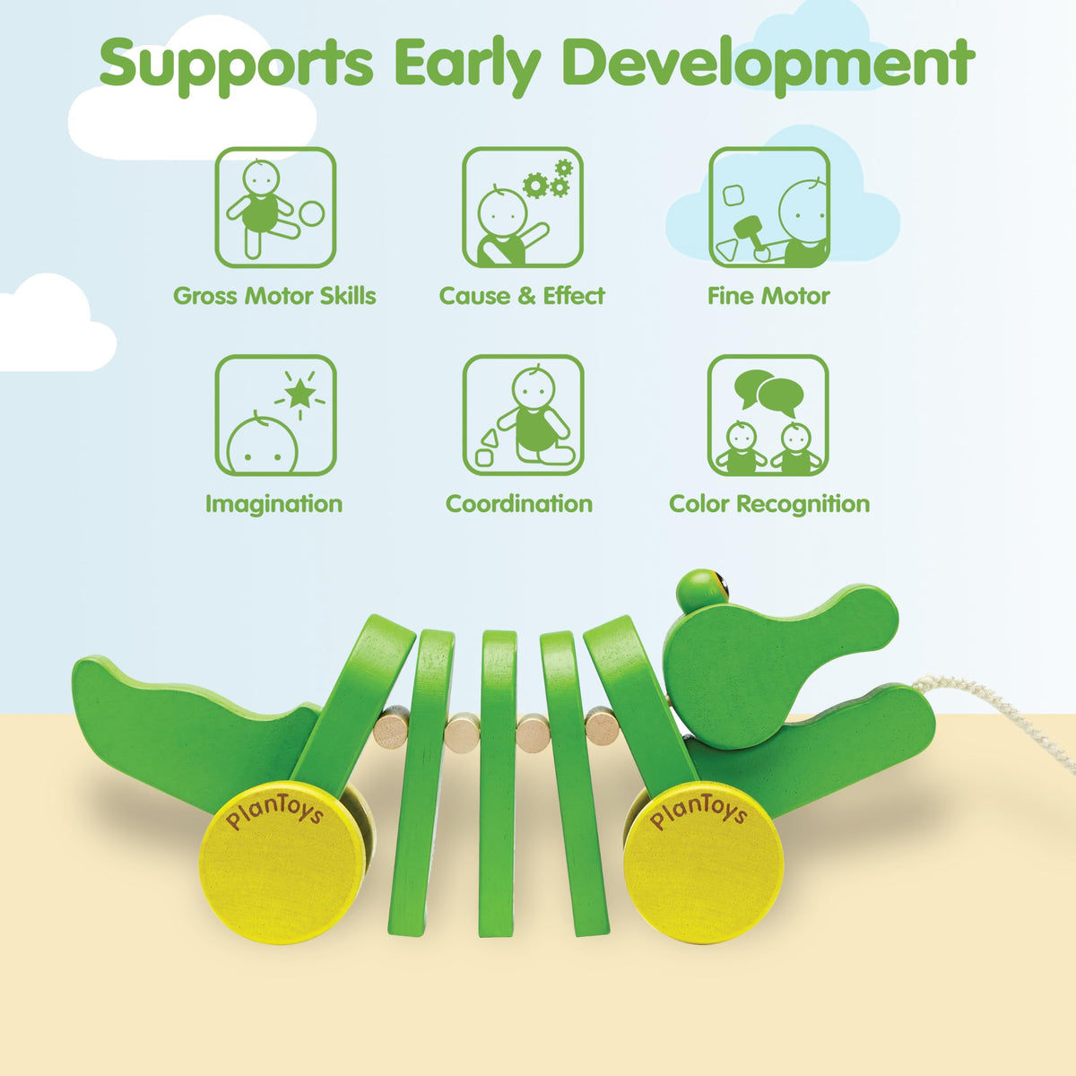 PlanWood eco-friendly material forms PlanToys Dancing Alligator pull toy.