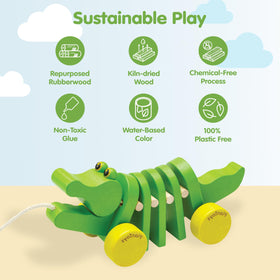 PlanToys Dancing Alligator pull toy helps toddlers practice walking and balance.