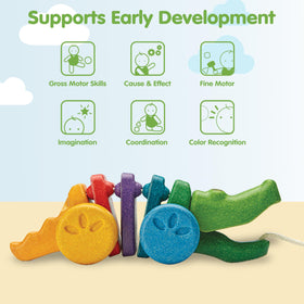 PlanToys Rainbow Dancing Alligator click-clack sound adds sensory feedback