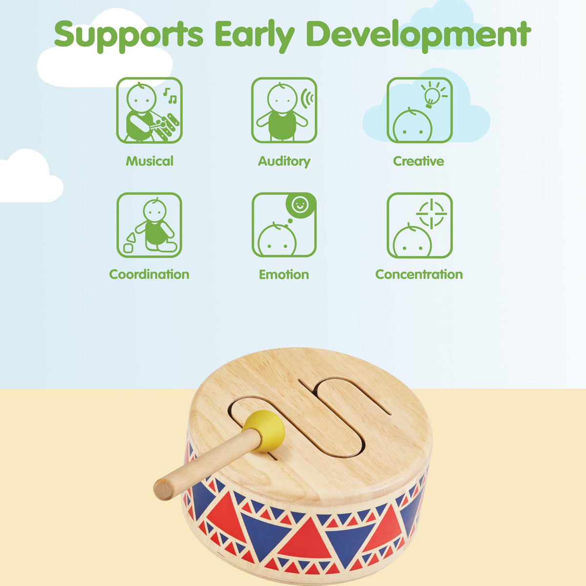 PlanToys Solid Drum invites imaginative pretend play and music time