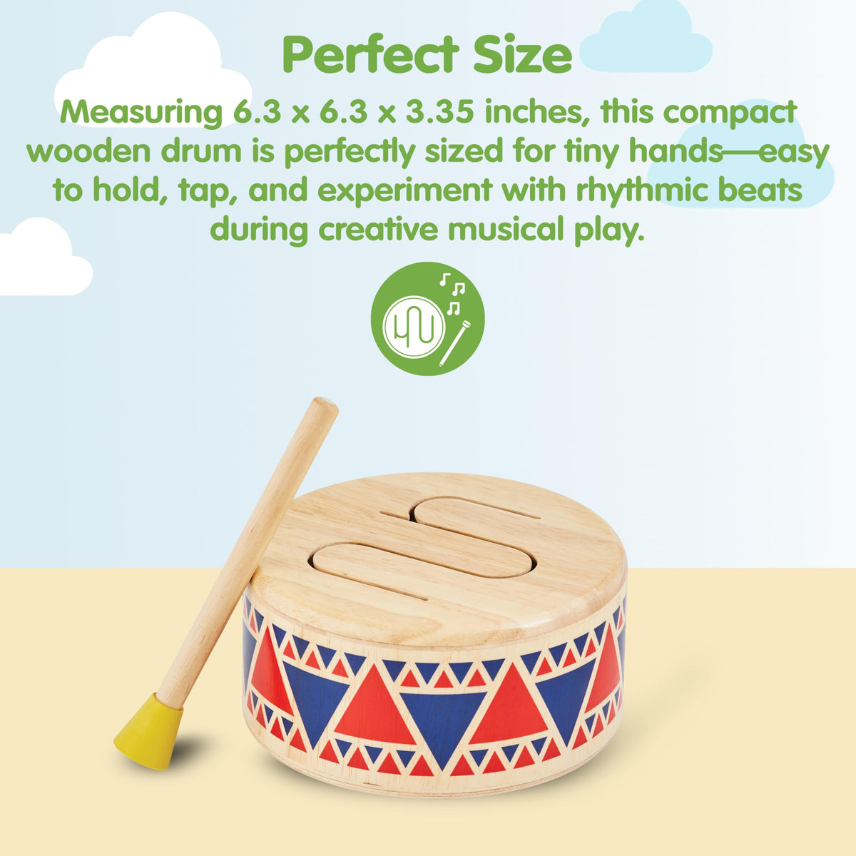 PlanToys Solid Drum with soft drumstick delivers gentle tones for safe play