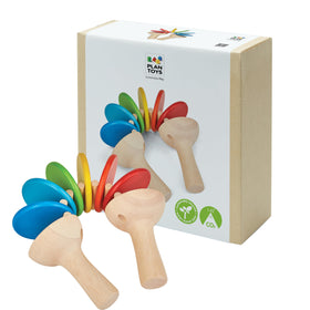 PlanToys wooden clatter toy discs in bright colors for imaginative play