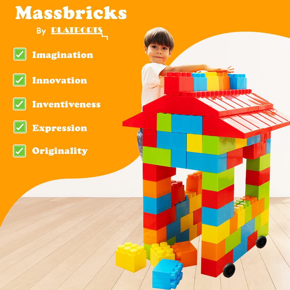 PLATPORTS giant XL blocks tower-building scene to spark creativity.