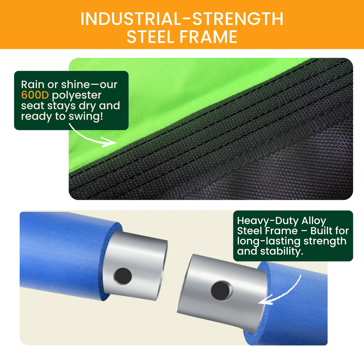 Platports Platform Swing weather resistant fabric drains water for quick dry sessions.