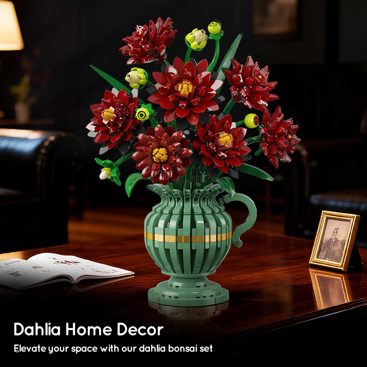 PLAXSOON Dahlia-bouquet with integrated vase for unified decor.