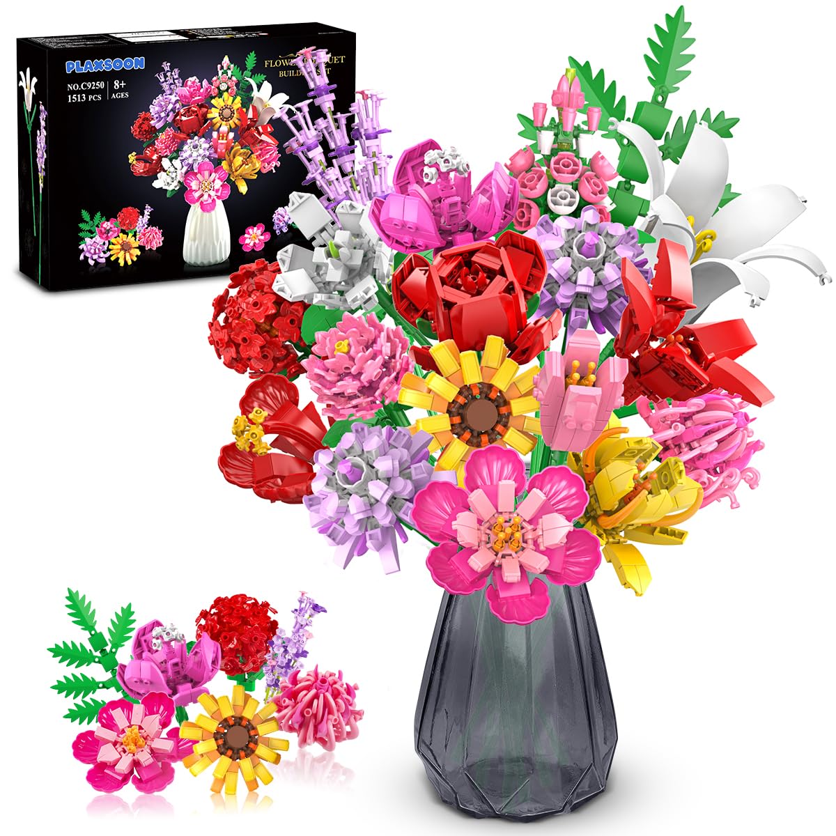 PLAXSOON Flower Bouquet Building Set with 1464 bricks for vibrant home decor.