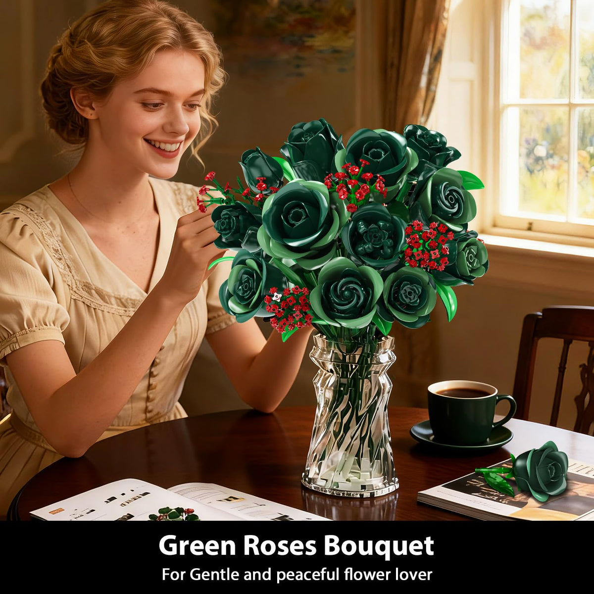 PLAXSOON green-rose-bouquet-assembly shows 12 green roses and 4 red gypsophila with soft light.