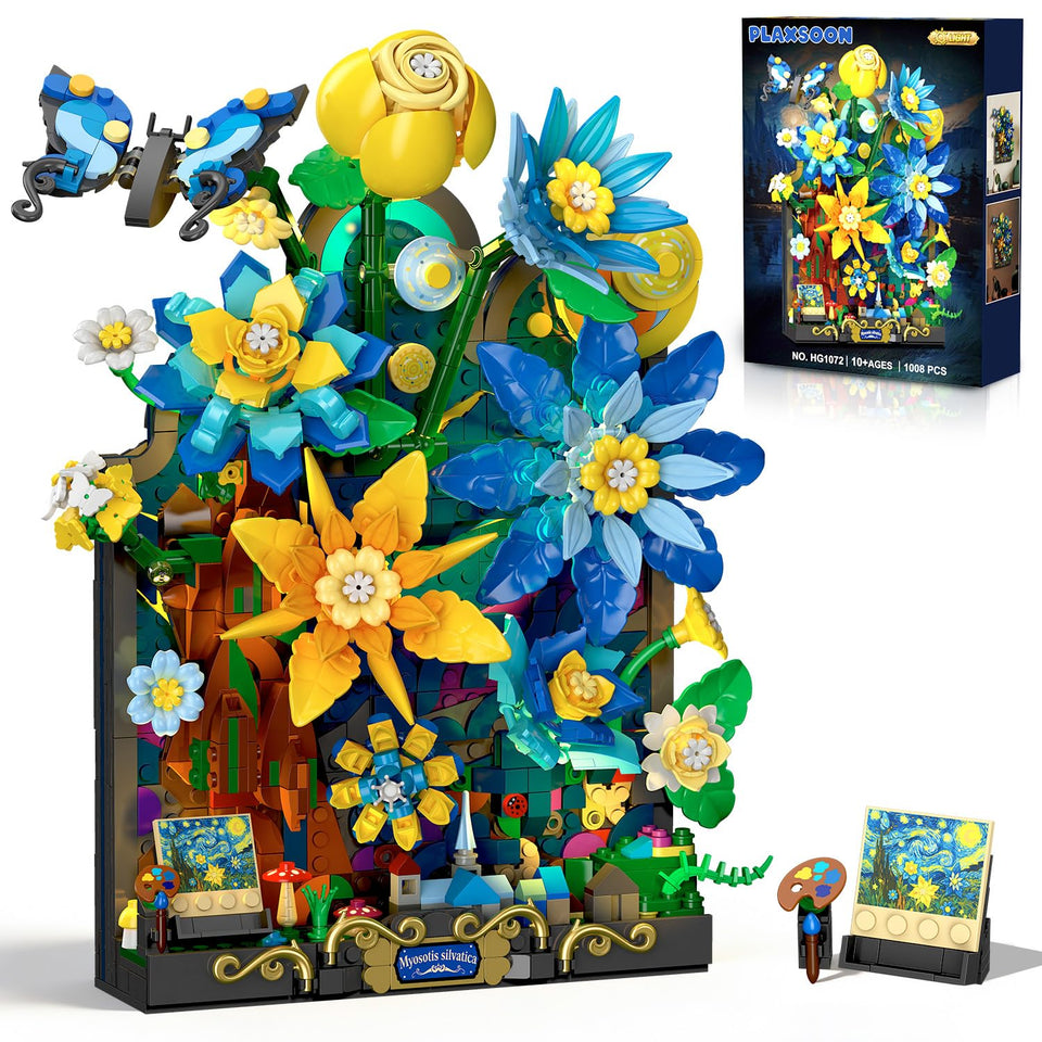 PLAXSOON Starry Night Flower Wall Building Set with Lights glows softly as art décor