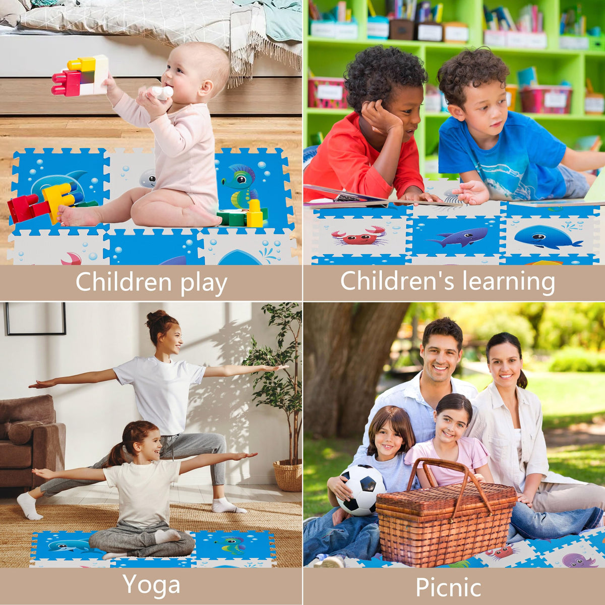 PLAY 10 Colorful interlocking foam mats stimulate visual exploration during floor time.