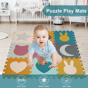Play 10 foam puzzle mat 34x34 inch area promotes exploration with bright shapes.