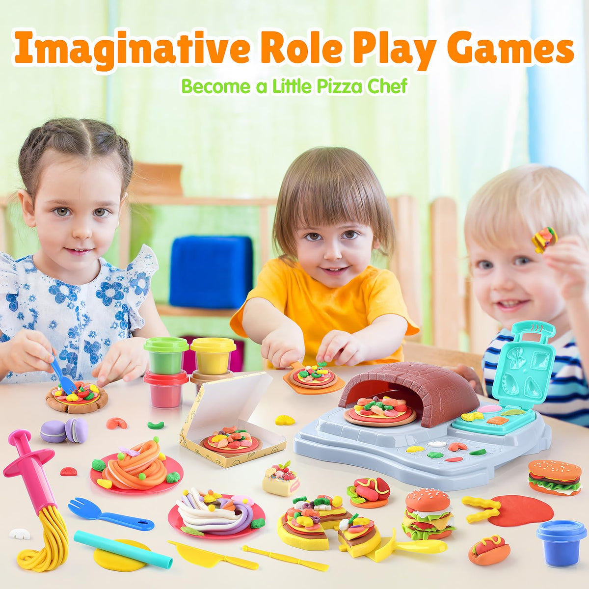 PLAY 2-in-1 Color Dough Pizza Maker with tools for tasty pretend meals.