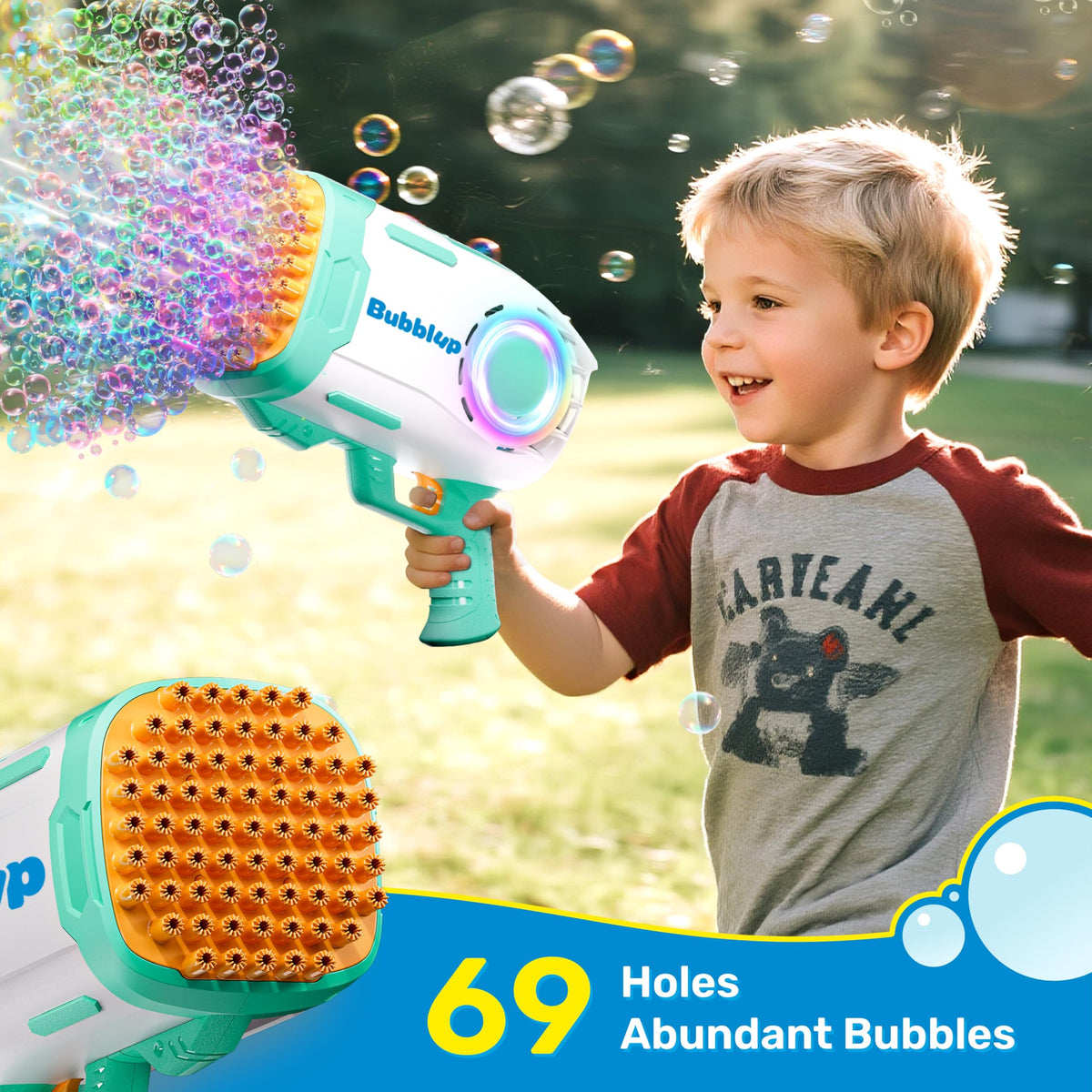 Play-Act bubble gun with LED lights enhancing the bubble display.